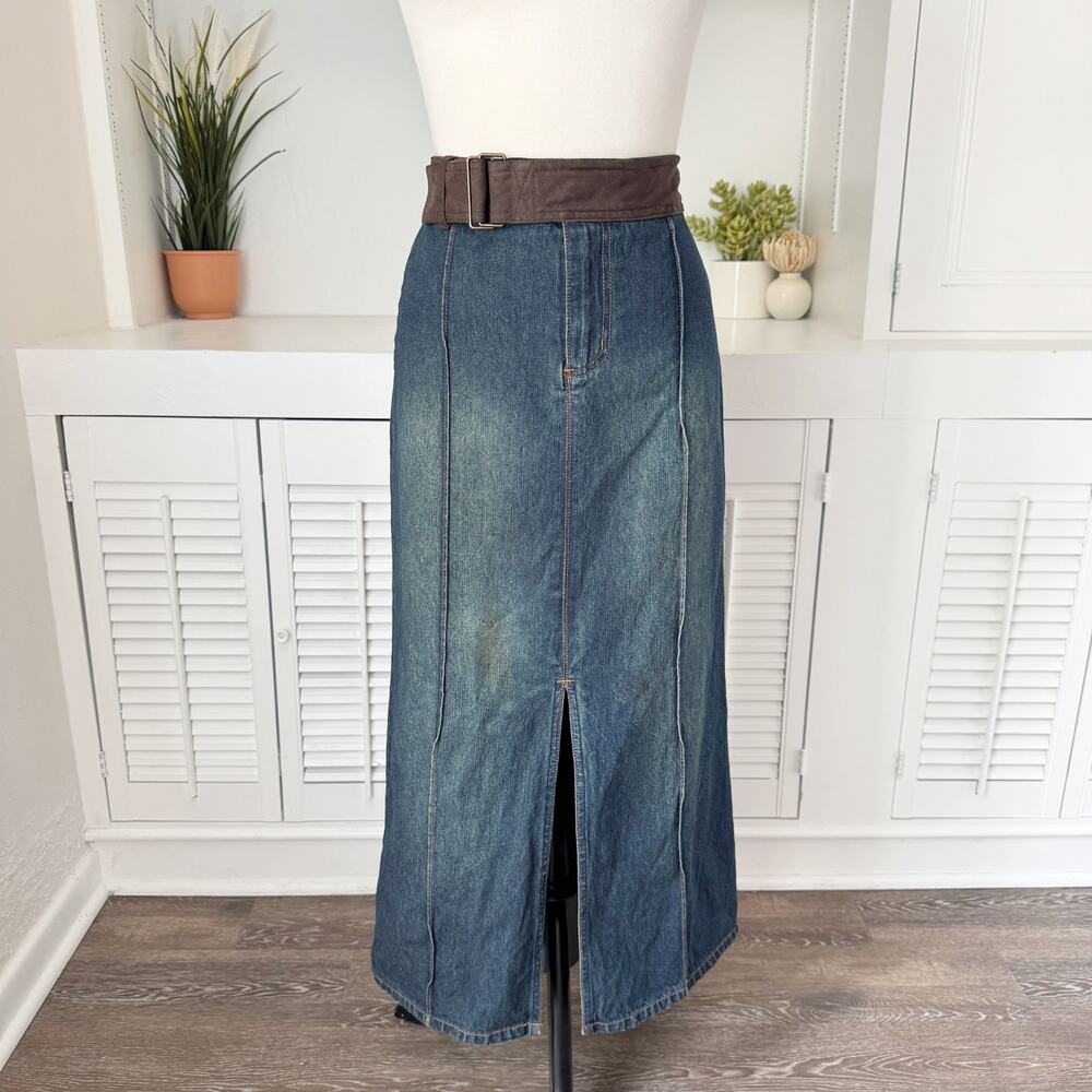Vintage Faded Glory Distressed Denim Suede Trim Midi Maxi Skirt Size 8